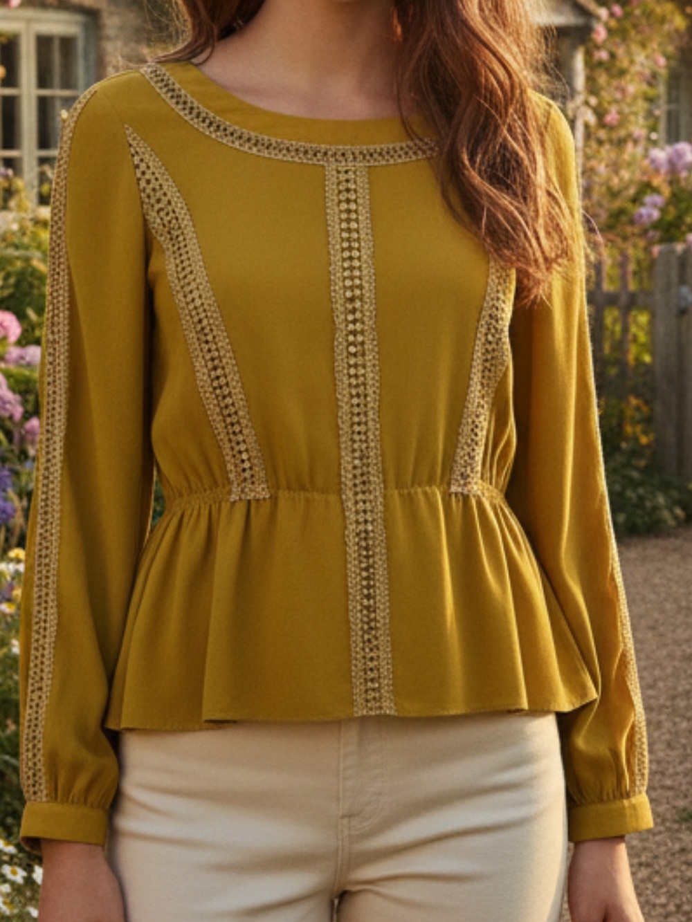 Esley Boho Mustard Yellow Lace Detail Peplum Blouse Long Sleeve Top in Small
